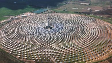 A gigantic solar power plant in Ouarzazate, which is the world's largest and most powerful solar power plant, called the Noor solar power plant.