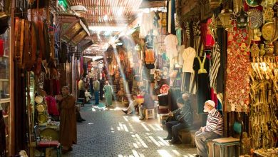 An alley full of shops selling traditional items in the souk of Marrakech at Jemaa el-Fna square