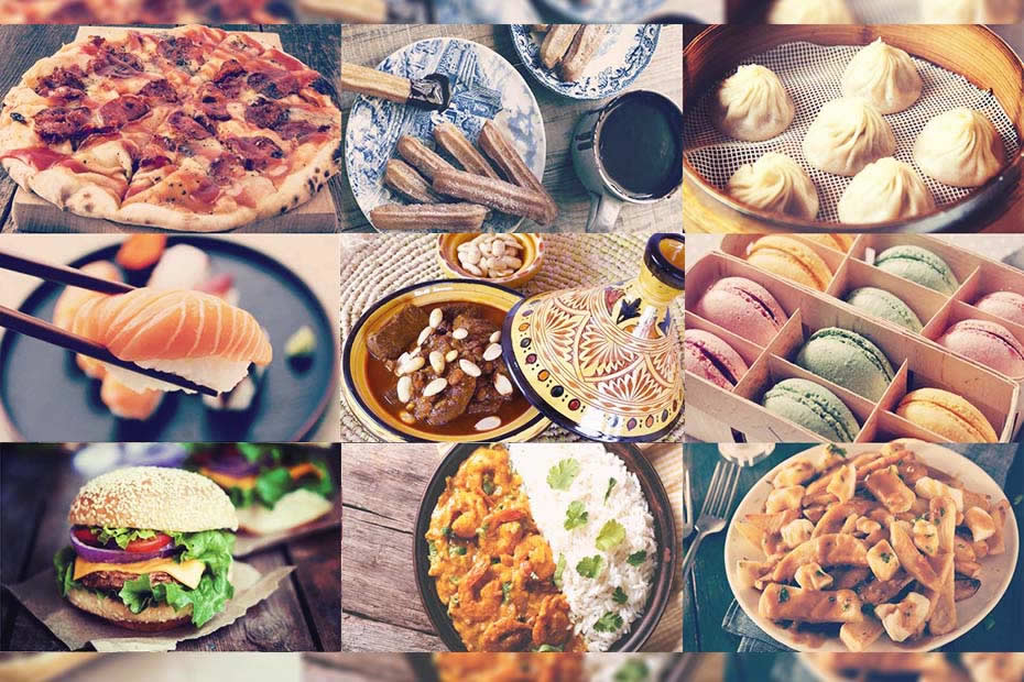 different types of most best food : pizza, sushi, hamburger, tajine, poutine, macaron